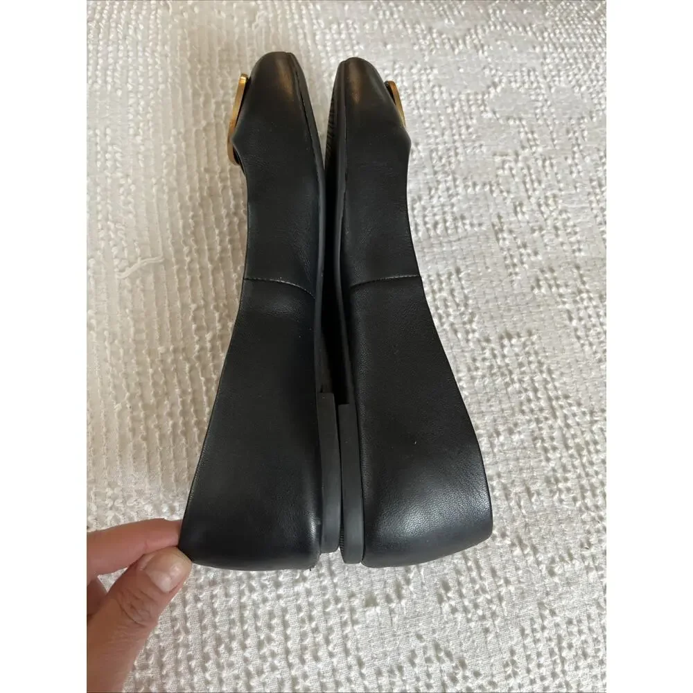TORY BURCH Size 7 Black Benton Ballet Flat Nappa Leather Gold Emblem Slip On